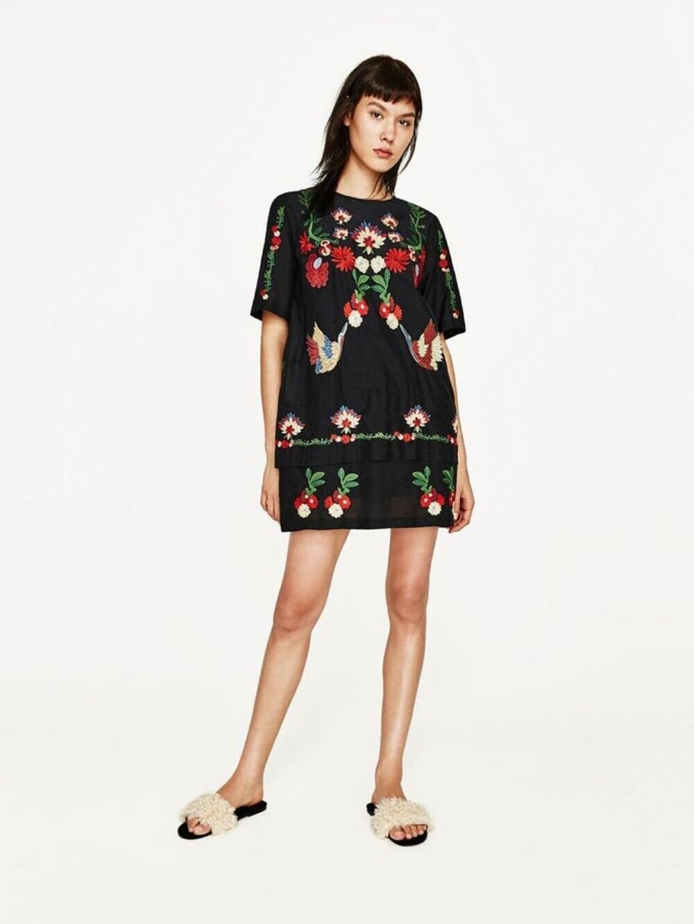 Zara Black Mini Shift Dress Floral Birds Embroidery Silk Blend Boho Relaxed